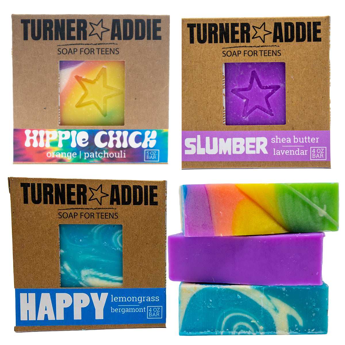 Soap Bundle (3 Bars) - Slumber, Happy, Hippie Chick – Handmade Natural Soap for Teens